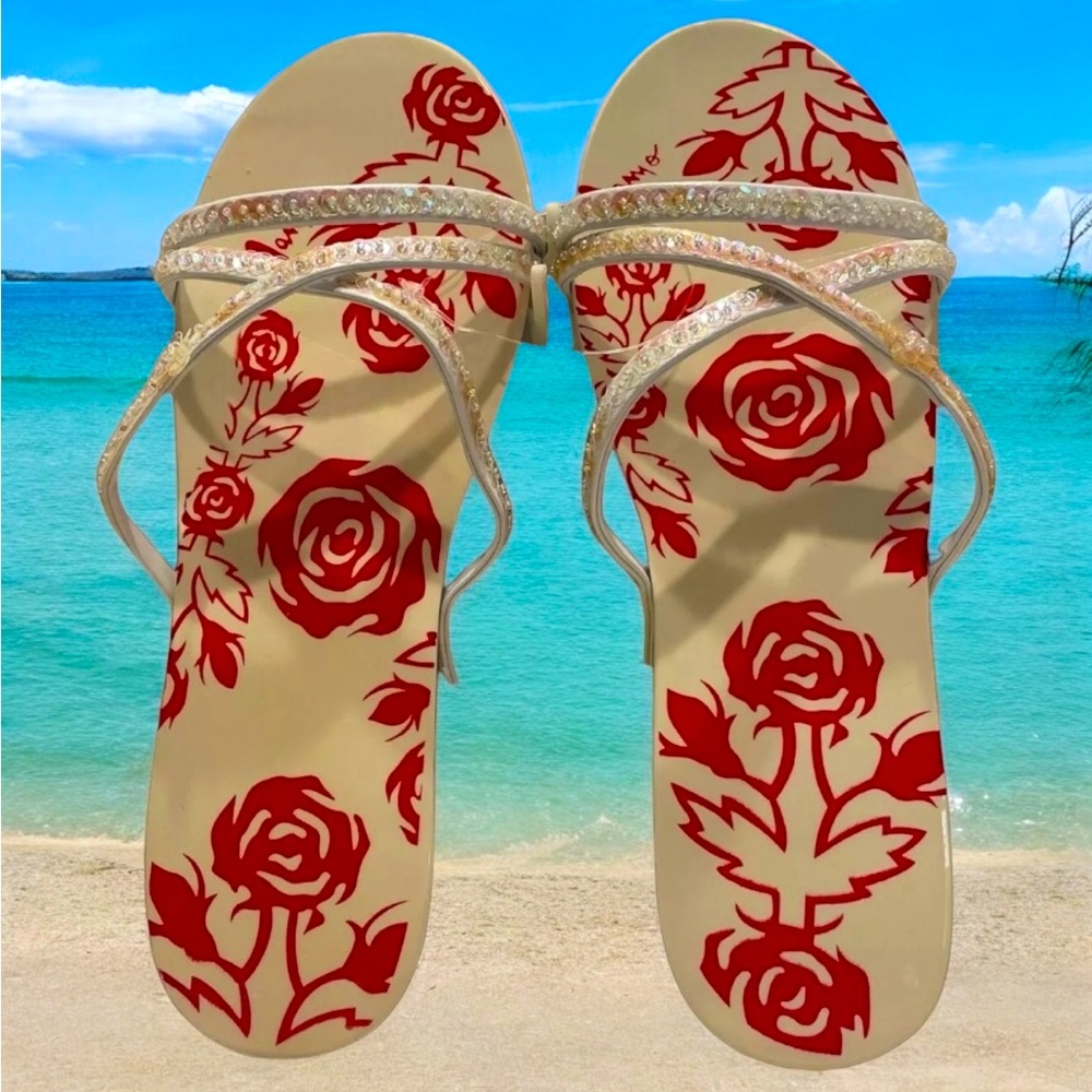 VTG MAMO HOWELL KLONKS SLIPPERS SANDALS HAWAII ALOHA PRINT SZ 10 WHITE RED NEW